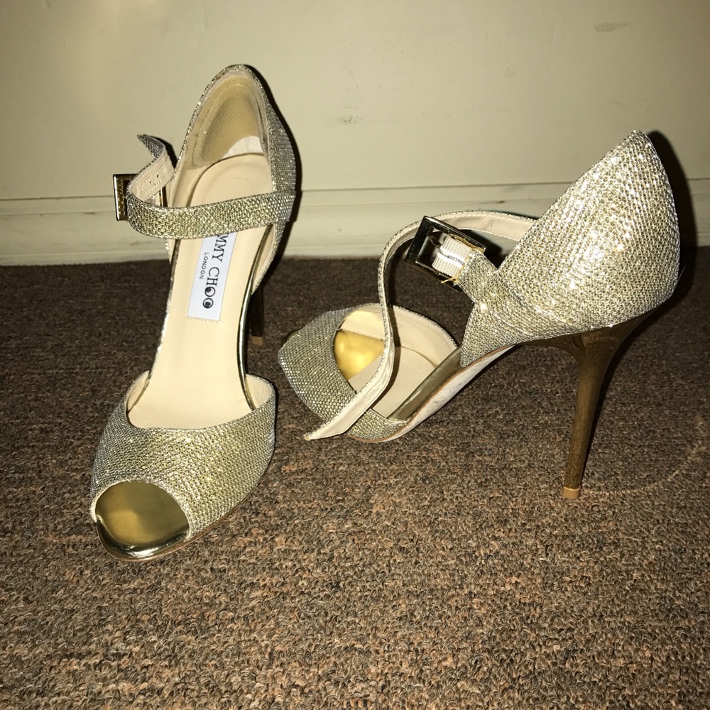 NWT Jimmy Choo gold glitter open toe heels - Picture 6 of 10